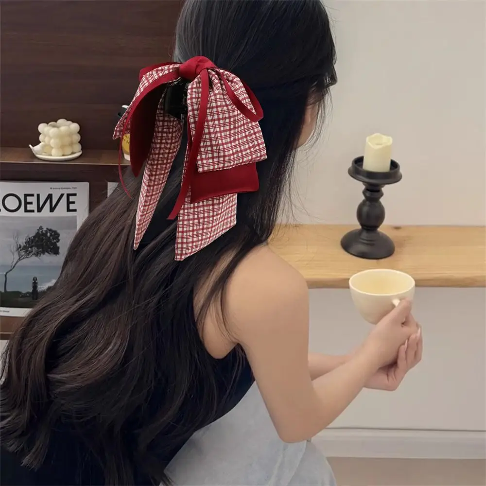 Retro Korean Style Sweet Bow Hair Clip Bow Red Ponytail Buckle Clip Plaid Ponytail Hairpin Princess Hair Claw Women