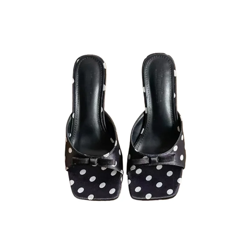

2026 Summer Fashion Square Toe Open-Toe Polka Dot Sandals Elegant Bow Party High Heels for Women Slip-on Sandals Big Size 35-40