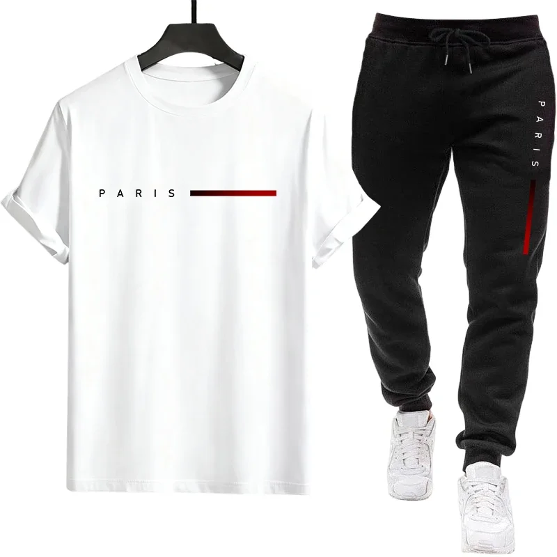 

Летний повседневный спортивный костюм: футболка с коротким рукавом и спортивные брюки, универсальный, качественный, для активного отдыха, мужской.