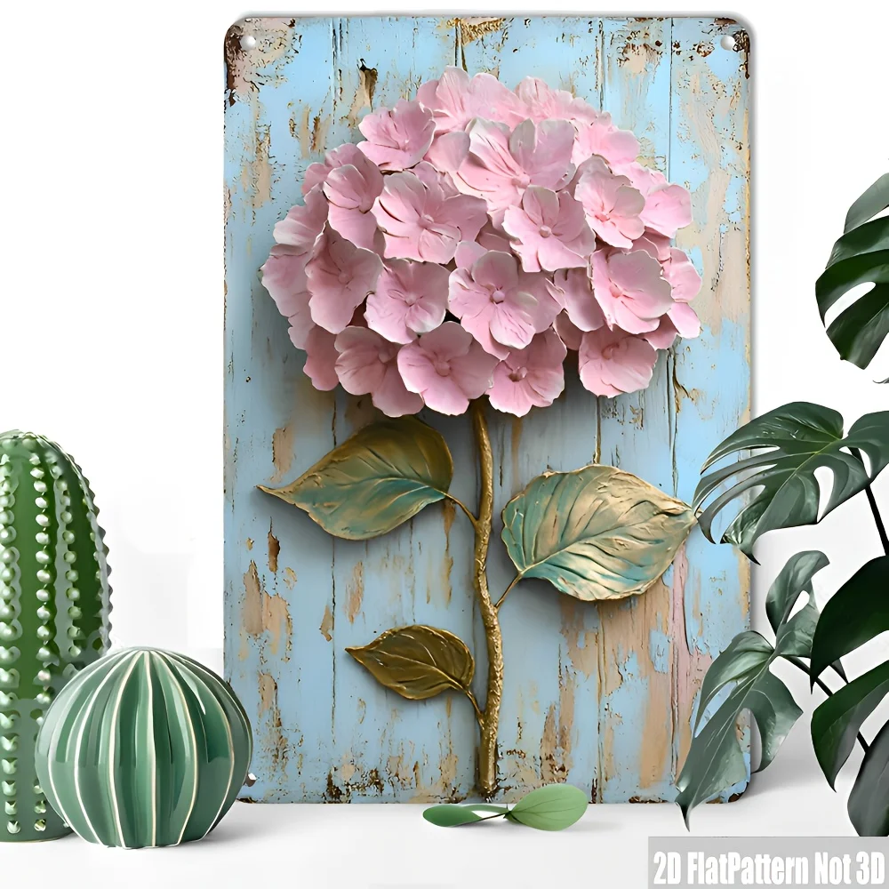 （2D Tin painting）Decoración de pared de hierro con hortensias retro en 2D - Decoración de metal vintage estilo rústico de 8x1