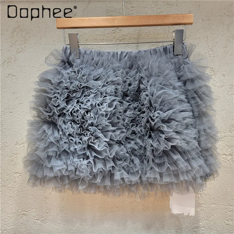 

Korean Elegant High Waist Multi-layer Mesh Patchwork Slim Versatile Puffy Skirt Women Street Fashion Personality Mini Skirt