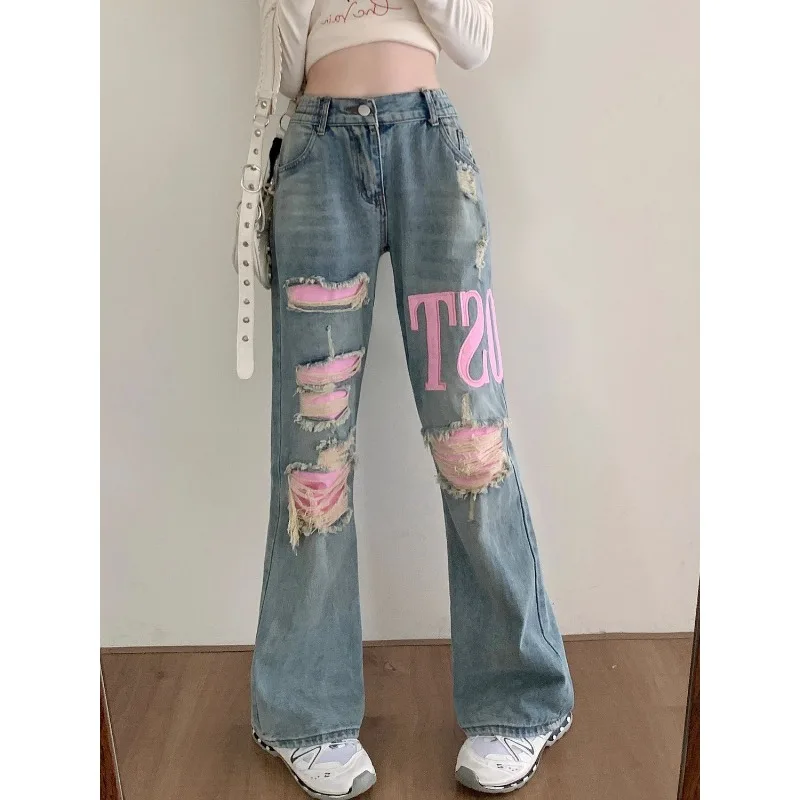 QWEEK Trashy Y2k Ripped Jeans Women Baggy Streetwear Baddies Denim Pants Embroidery Korean Style Punk Trousers 2000s Aesthetic