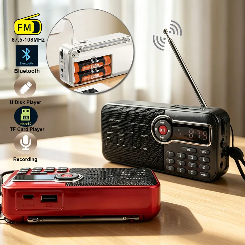 Мини-портативное FM-радио, беспроводной Bluetooth-динамик, светодиодный фонарик, поддержка записи, TF, USB, таймер выключения, HD цифровой экран, перезаряжаемый.