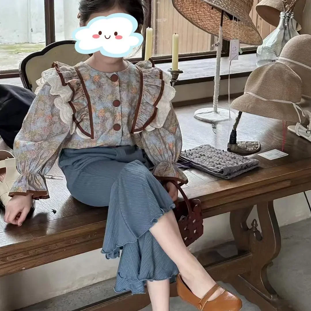 Korean Girls' Set Autumn Fashionable Sweet Flowers Small Flying Sleeve Top Fashionable Flower Bud Pants Two Piece Set Fashion