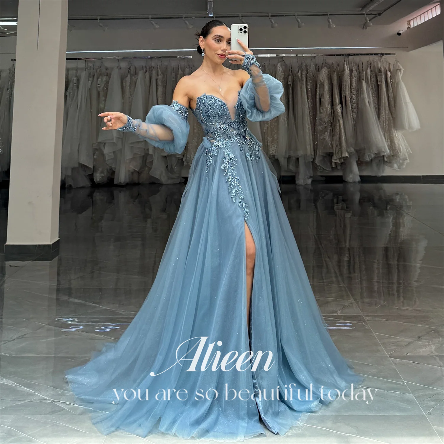 

Aileen Gray Blue Customized Sweetheart Puff Sleeves Lace Luxurious Women's Evening Dresses for Special Occasions Prom Dress Gala