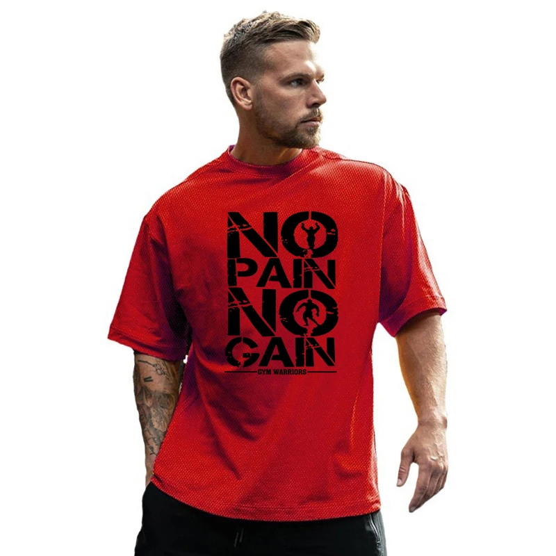 NO PAIN NO GAIN Oversized T Shirt Men Gym Clothing Bodybuilding Fitness Loose Half Sleeve T-shirt Male Streetwear Hip-Hop Tshirt