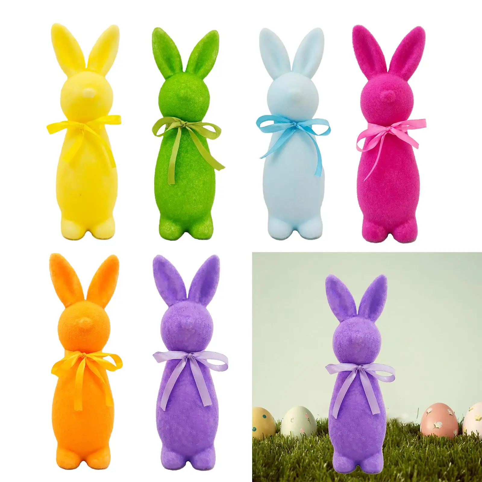 Flocked Easter Bunny Figurine Tabletop Ornament Easter Decor Cute Decorative Rabbit Statue for Office Patio Garden Yard Desk