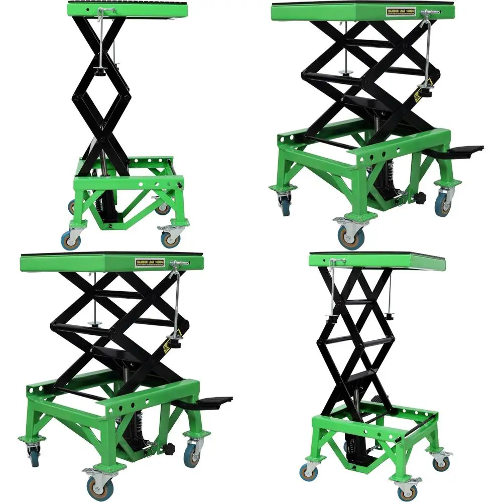 

Зеленый ножничный подъемник грузоподъемностью 350 фунтов с 4 колесами для небольших мотоциклов и квадроциклов