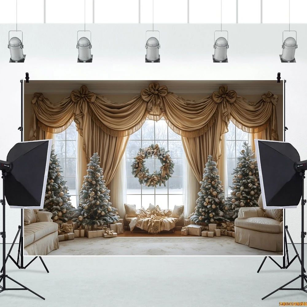 عيد الميلاد نافذة كبيرة خلفية شجرة عيد الميلاد الستار غرفة المعيشة الاطفال صورة الأسرة حفلة التصوير خلفية جدار ديكور الدعائم