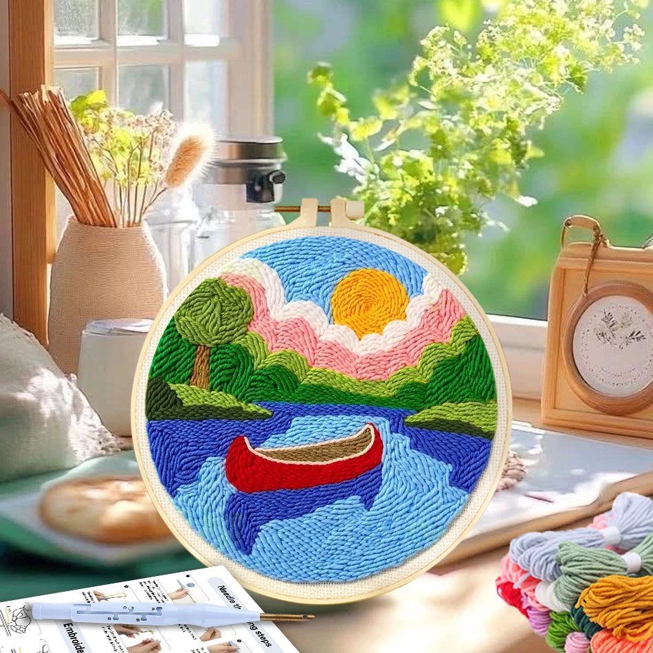 GATYZTORY Dopamine colored yarn scenery For Handiwork Tufting punch needle embroidery kits embroidery hoop Knit Picture 20x20cm