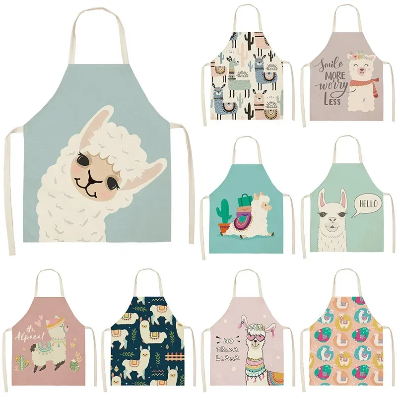 llama Alpaca Cactus Printed Cotton Linen 53*65cm Sleeveless Aprons Kitchen Women Pinafore Home Cooking Baking Waist Bibs 46263