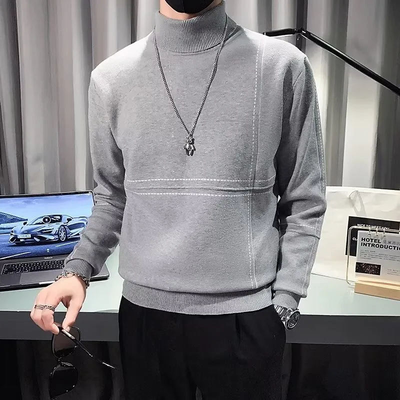 الياقة المدورة سترة الرجال الكورية نمط الخريف والشتاء قاع سترة بلون الخيوط البلوز الأعلى #1