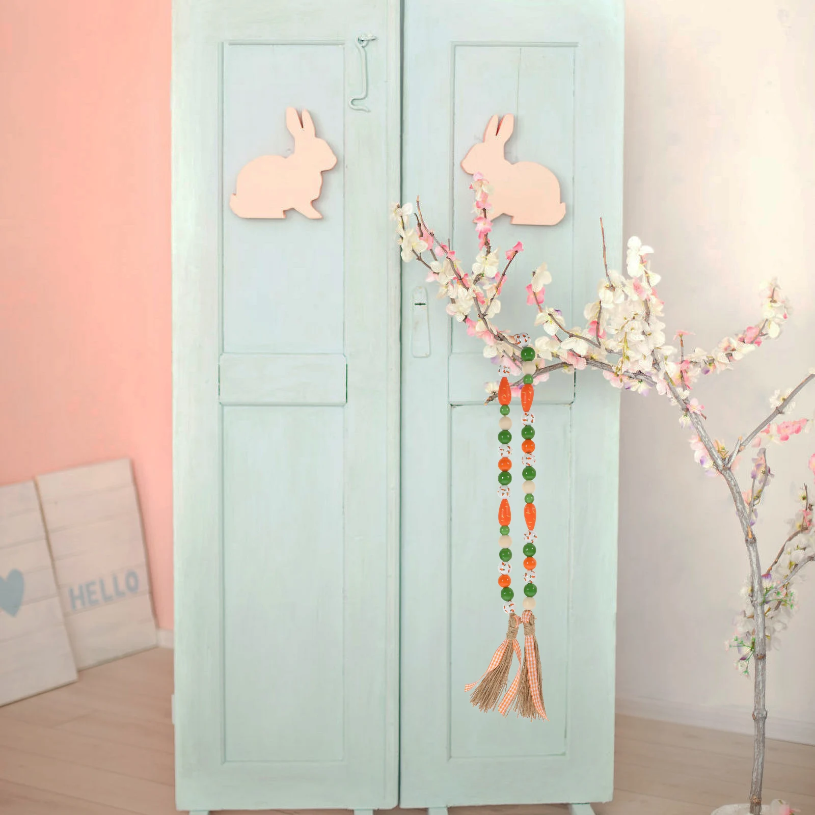 

Easter Wood Bead Garland Carrot Ornament Tassel String Rustic Wall Hanging Decor Farmhouse Party Garland Wooden Beads String