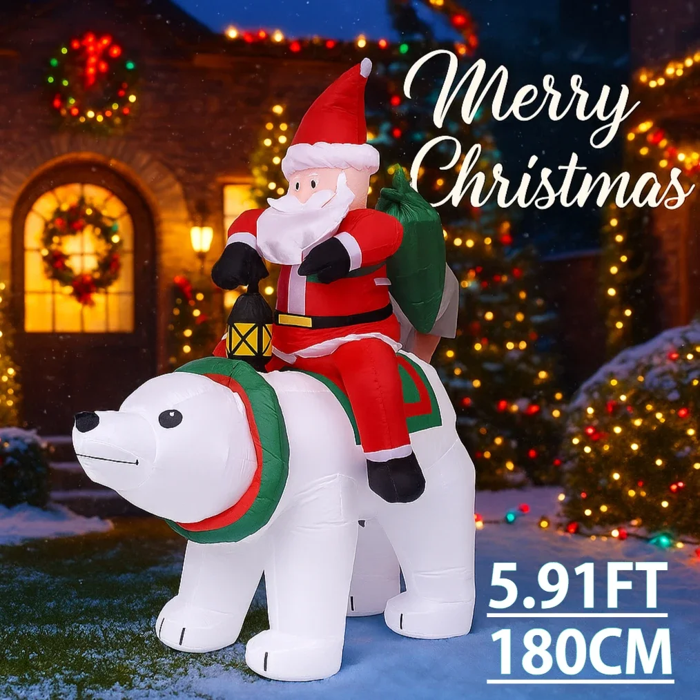 

5.91FT Inflatable Toy Santa Claus Ride Polar Bear Xmas Yard Lawn Party Decoration with LED Lit Christmas Home Supplies Ornaments