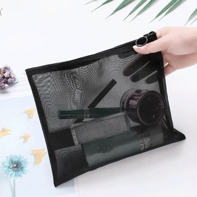 1PCS Women Travel Zipper Make Up Makeup Bag Organizer Storage Pouch Black Mesh Cosmetic Bag Toiletry Clear Wash Bags Case