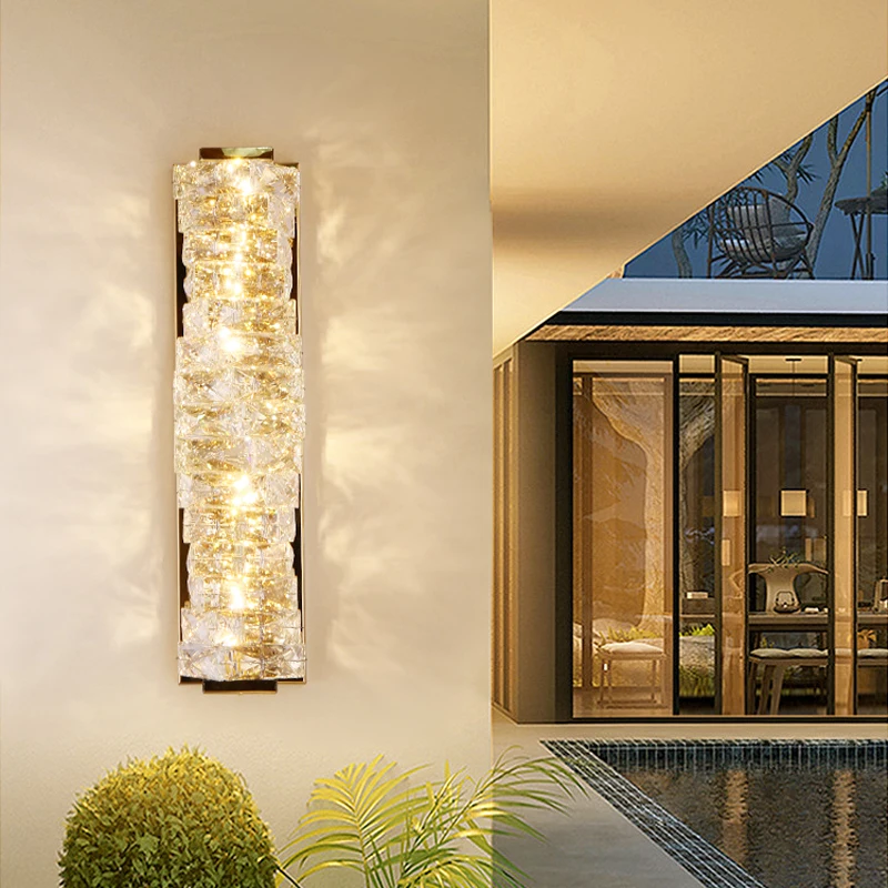 

French Style Outdoor Crystal Luxury Gold Waterproof Exterior K9 Wall Lamp Porch Balcony Garden Bar Sconce Home Lighting Fixtures