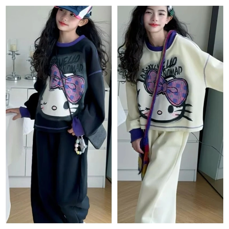 

Hot Sanrio Student Sportswear Set Hello Kitty Kawaii Anime Autumn Girl Long-Sleeved Tops Leg Binding Pants 2-Piece Set New Style