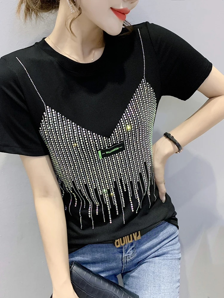 تي شيرت نسائي من Faionable ort Sve مزين ثقيل وتدفئة ماسية كورية Sle بقصة ضيقة من قطن الخيزران مستدير Ne