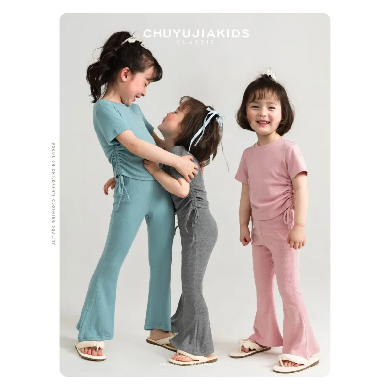 

Girls' Short-Sleeved Suit Summer New Baby Flared Pants Super Thin Casual Two-Piece Suit Fashion