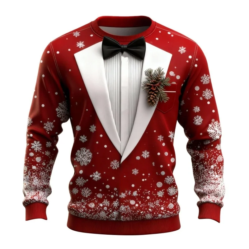 

Christmas Fake Suit Pattern Sweatshirts For Men Women Snowflake 3D Printed Pullover Festival Hoodies Long Sleeve Round Neck Tops