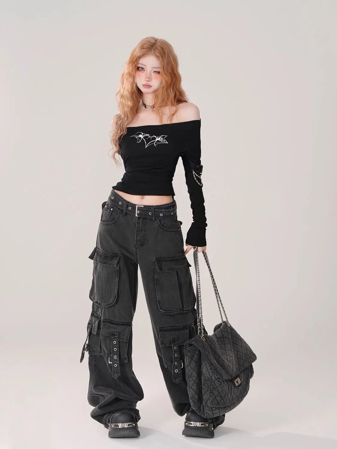 Y2K Black Cargo Pants for Women Straight Leg Jean Edgy Style Pocket Trousers Streetwear 2000s Aesthetic Grunge Pants Pantalones