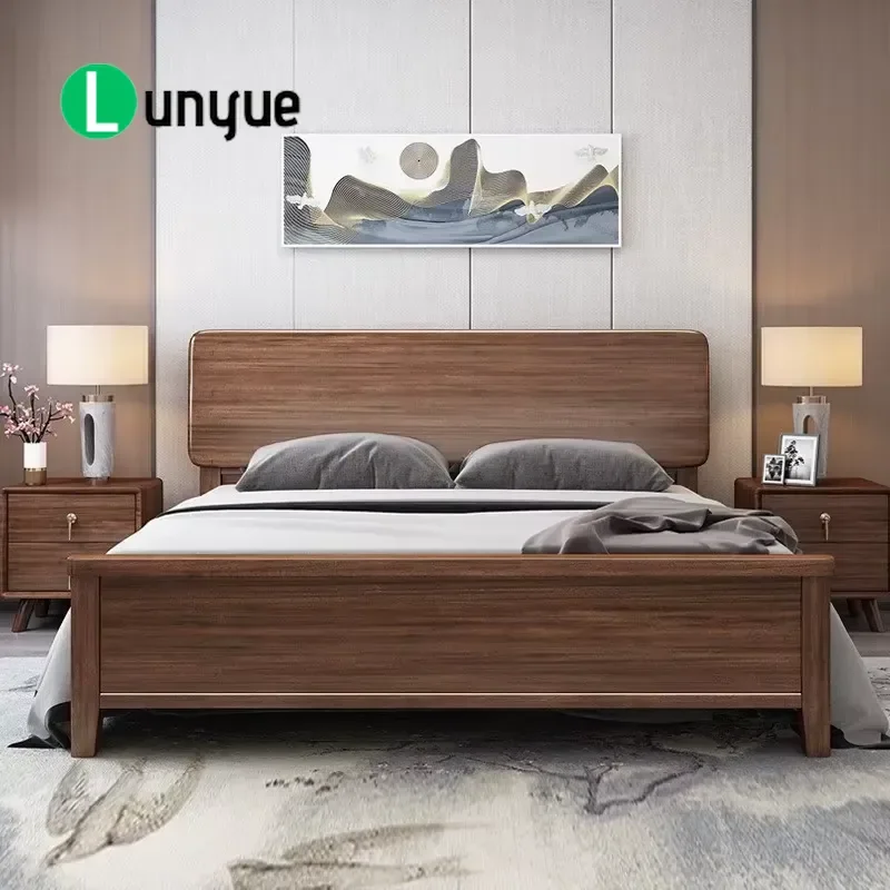 Walnut Veneer Leather Upholstered Bed Solid Wood Frame Tufted Design for Home and Hotel Use