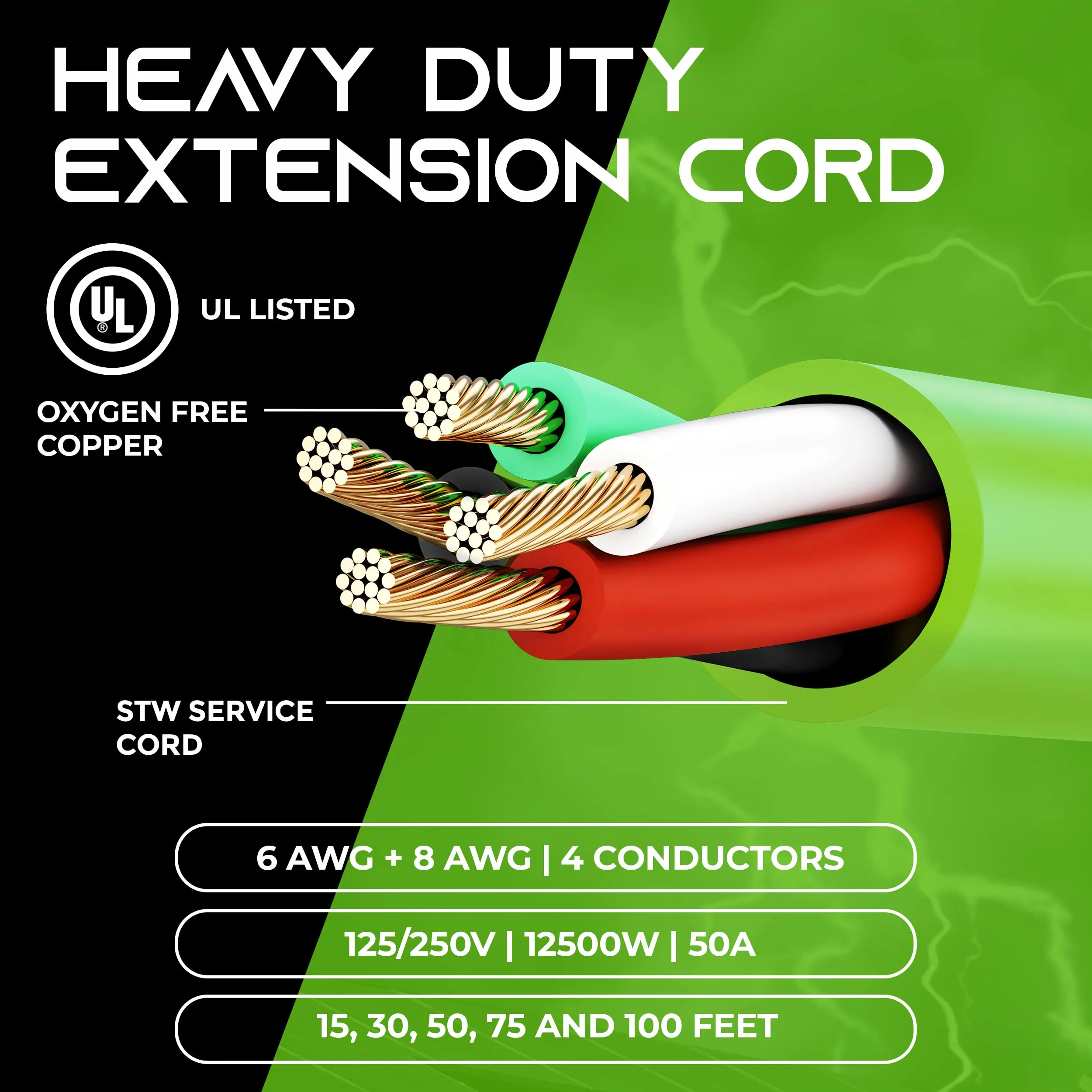 Cabo de alimentação automático externo resistente de 4 pinos 50 pés 50 ampères NEMA 14-50 RV/EV Cabo de extensão resistente