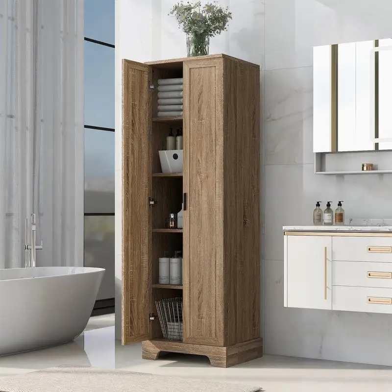 

Brown Storage Cabinet with 2 Doors for Bathroom or Office, Adjustable Shelf, MDF Construction