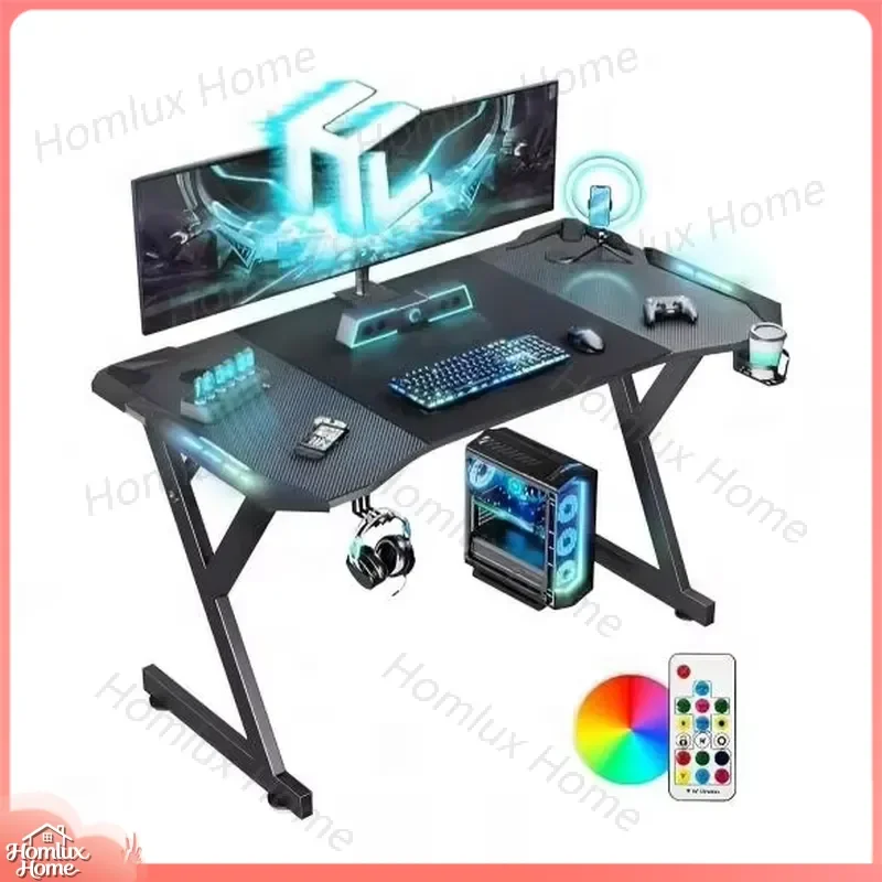 Hot Selling Rugged Computer Desk 120x60cm Carbon Fiber Surface Home Office Gaming Desk LED Light Desk with Headphone Hook