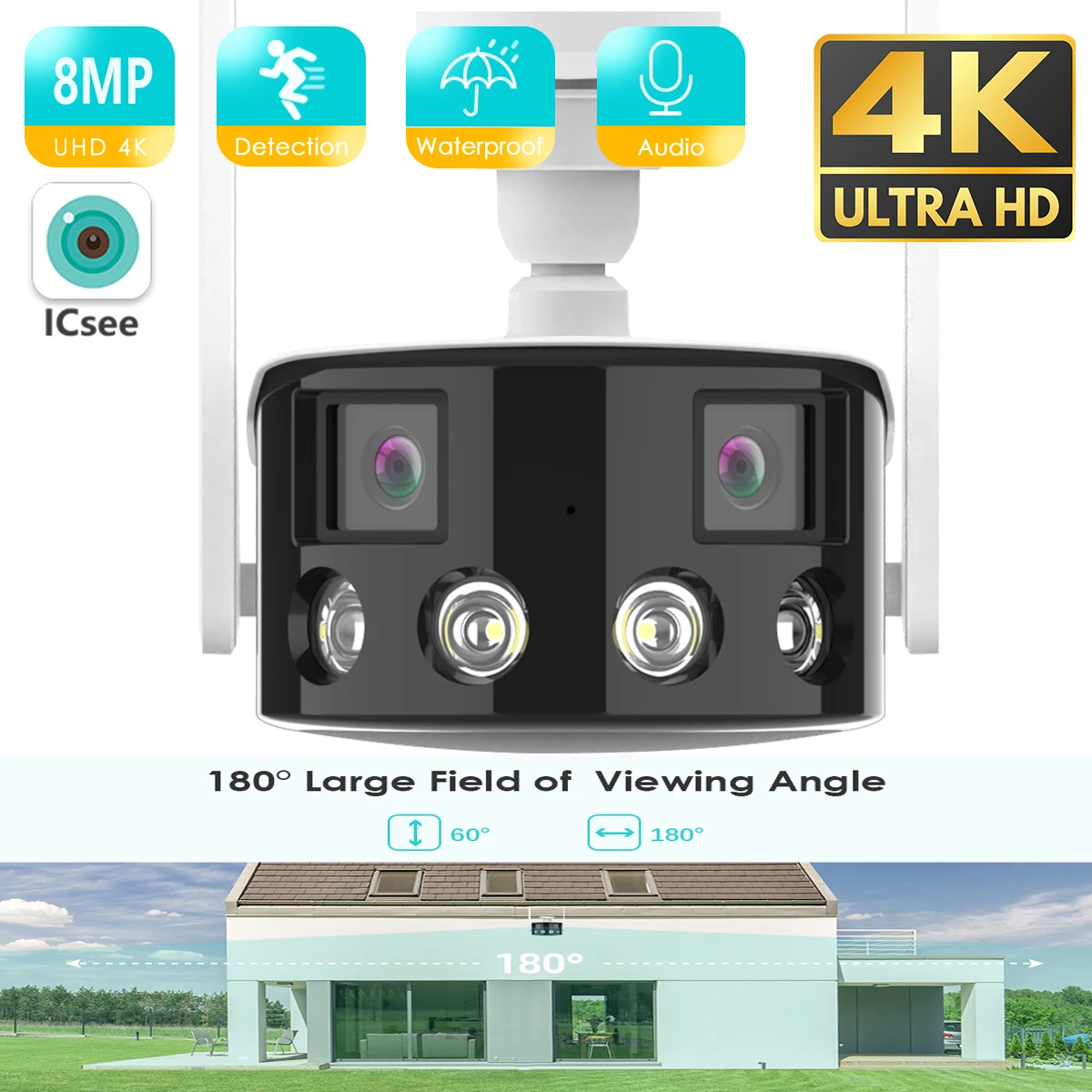 4K 8MP Dual Lens Panoramic WIFI Camera 180° Wide Viewing Angle BESDER AI Human Detection 4MP ICSEE Surveillance IP Camera