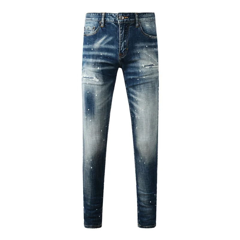 Mens Distressed Ripped Skinny Jeans Vintage Blue Wash Splash Paint Denim Streetwear Pants