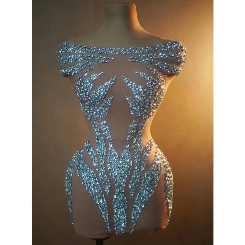 

Female Birthday Celebrate Singer Stage Sexy Outfit Evening Luxurious Silver Rhinestones Sleeveless Short Bodycon Dress Clubwear