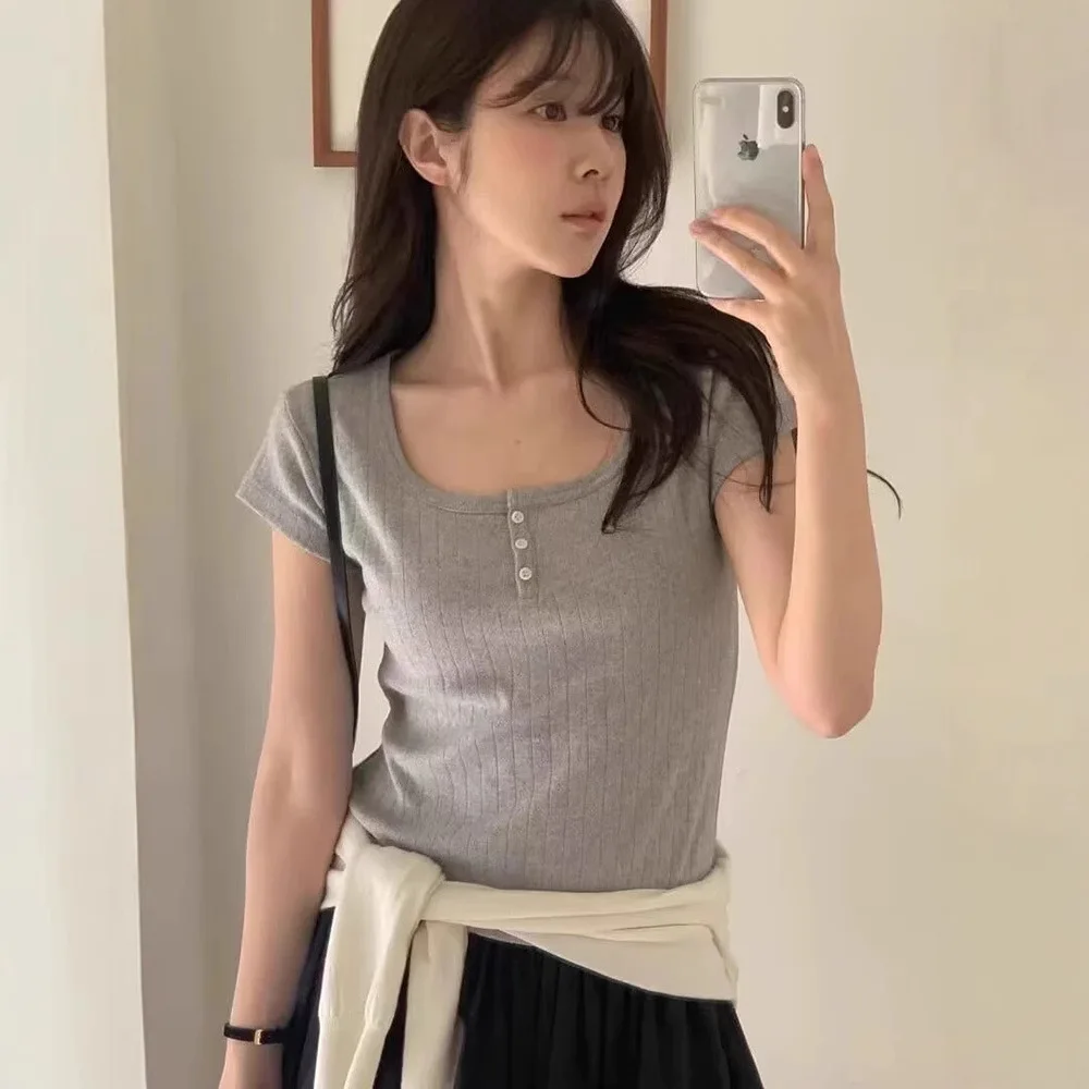 Vergamot25 Zomer Pure Kleur U-Ne Slim Fit Dames T-shirt Casual Sle Ort Sve Gebreide Katoenen Top Klassiek Patroon