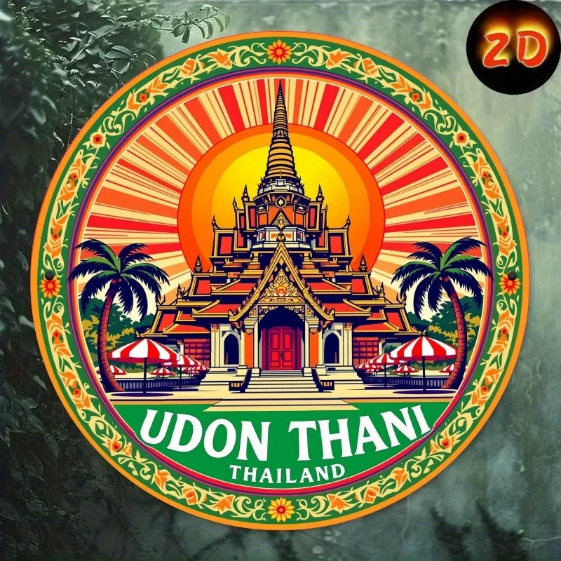 Letrero de aluminio Udon Thai Tailandia, arte de estaño redondo de 8.0 x 8.0 in con diseño de atardecer y templo vibrante, decoración de pared con cita humorística, 1 ud.
