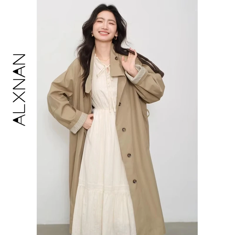 ALXNAN 카키 트렌치 가을 겨울 오버사이즈 싱글 브레스티드 패치워크 미드 길이 코트 방풍 공식 출퇴근용 트렌치 L57538
