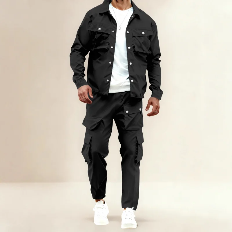 Men's Casual Fashion Long Pants Two-Piece Set Trendy Slim Fit Jacket Cargo Pants Men