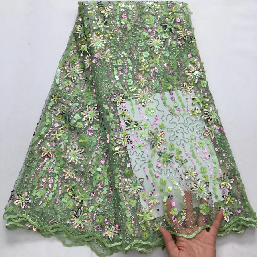 

Роскошная ручная вышитая африканская сетчатая кружевная ткань с 3D цветочными блестками, 5 ярдов, французское тюлевое кружево для свадебных вечерних платьев
