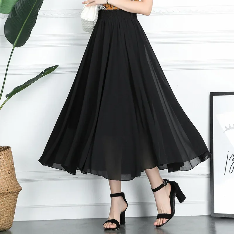 

Womens Casual Elastic High Waist Pleated A-Line Beach Skirts High Quality Chiffon Long Skirt Boho Saia Feminina Faldas Jupe