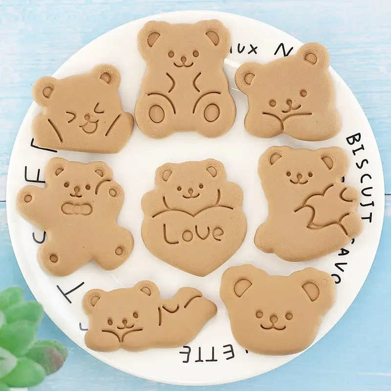 Juego de 8 Cortadores de Galletas con Forma de Oso, Molde para Galletas, Cortador de Galletas con Émbolo de Presión Manual, Herramientas de Decoración de Pasteles de Fondant, Manualidades con Azúcar