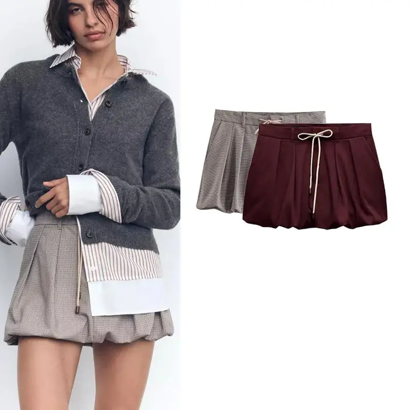 Spring New Women's Casual Belted Lantern  Skirt Versatile mid Waist ort Skirt Polyester Fiber 00% ort Skirt