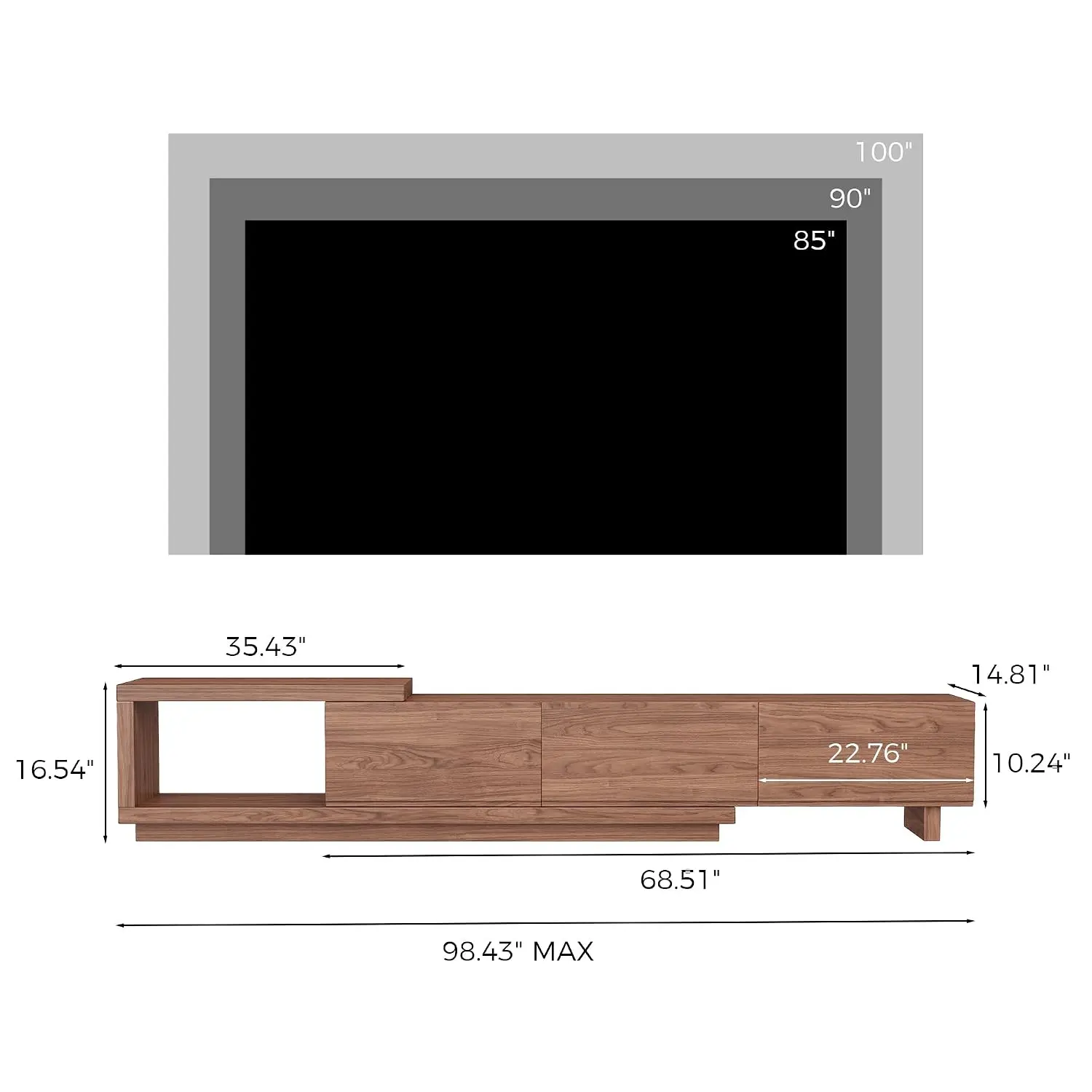 Extendable TV Stand for 65-100 Inches TVs – Walnut Entertainment Console with 3 Drawers & 1 Storage Compartment,, Customized