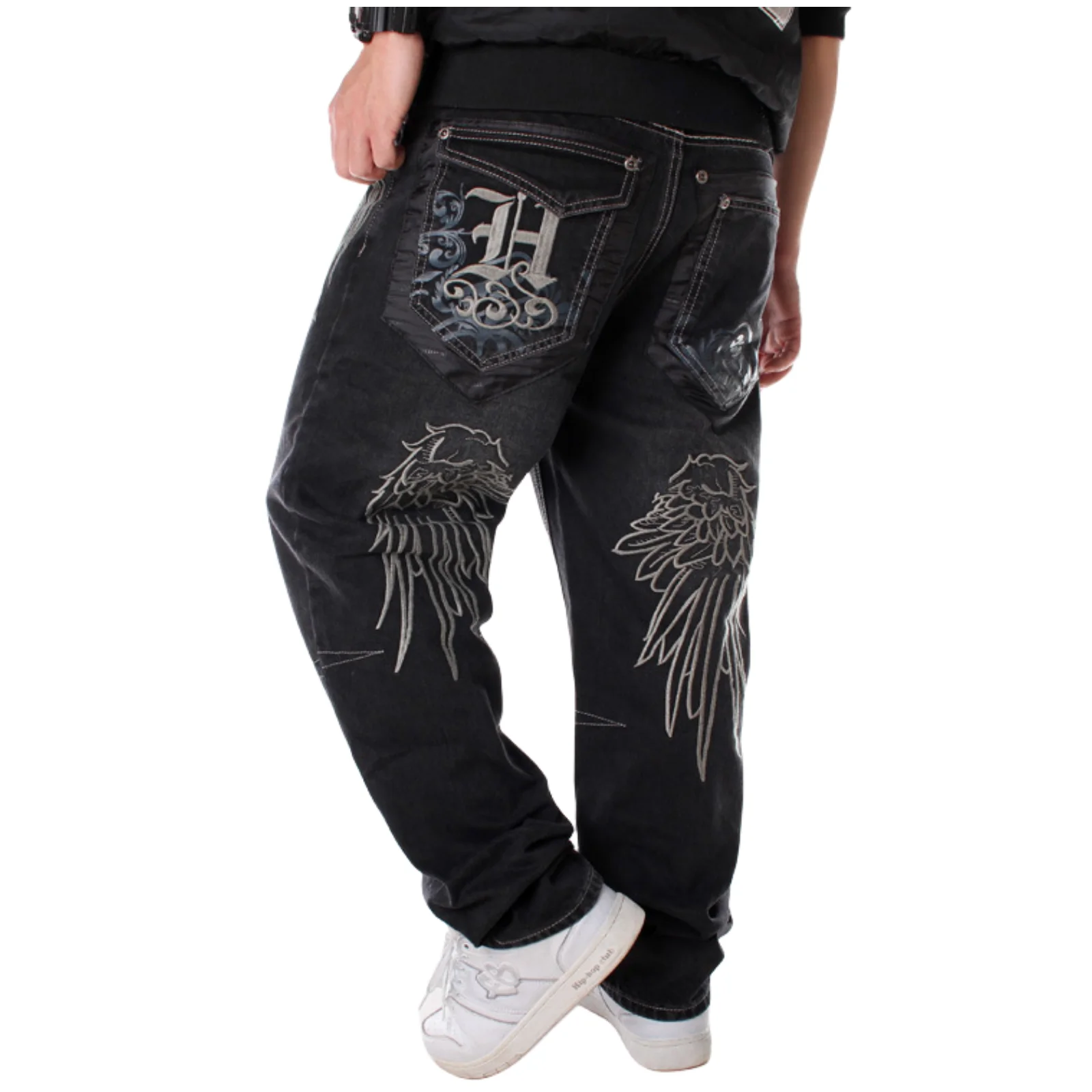 Men\'s Vintage Hip Hop Style Baggy Jeans Embroidery Denim Loose Fit Dance Skateboard Pants