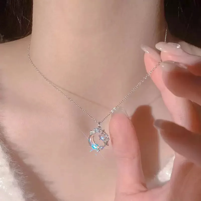 Mode Glänzende Sterne Mond Anhänger Halskette für Frauen Einfache Silber Farbe Mondstein Schlüsselbein Kette Halskette Partei Schmuck Geschenke