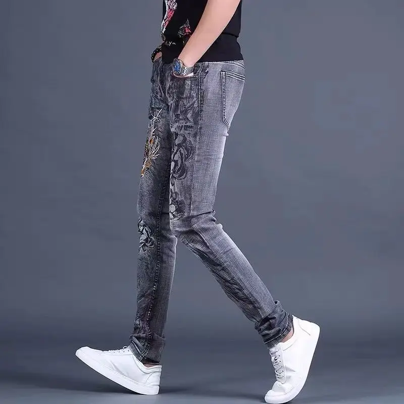 Men\'s Clothing Spring and Summer Jeans Trendy Brand Embroidered Slim-fit Casual Elastic Thin Straight Trousers