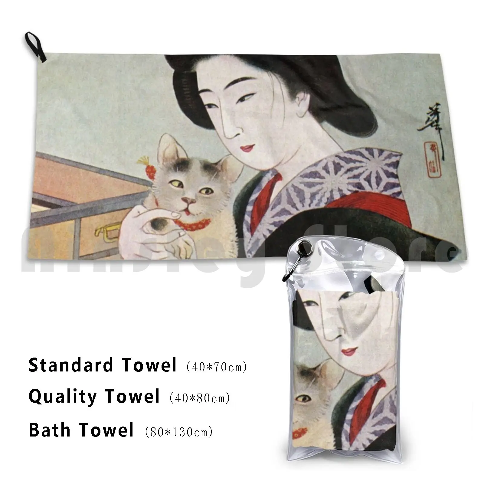 A Geisha And Her Cat Beach Towel Quick Dry Quality Towel Japan Japanese Geisha Cat Cats Kimono Woman Fan Vintage Travel