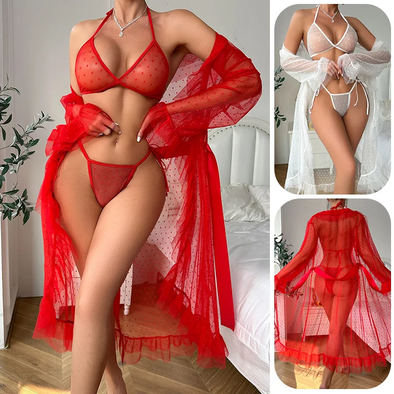 

Long Sleeved Sexy Mesh Polka Dot Perspective Nightgown Women's Ruffled V-neck Tie Waist Cinching Home Outfit Three Piece Set 717