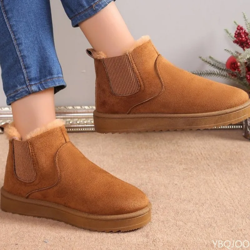 Autumn and Winter Solid Color Round Toe Thick Soled Oversized Women's Snow Boots with Added Fleece and Thick Insulation Inside
