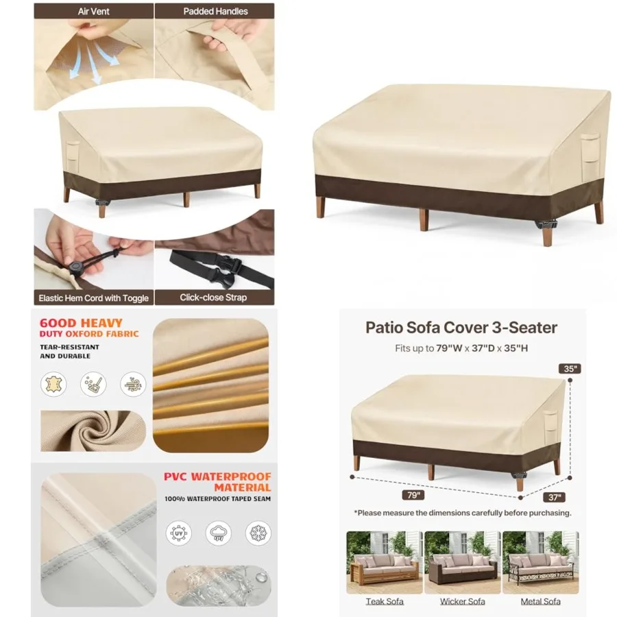 

Heavy Duty Patio Sofa Cover, 100 Waterproof 3-Seater Outdoor Sofa Cover, Lawn Patio Furniture Covers with Air Vent and Handle,