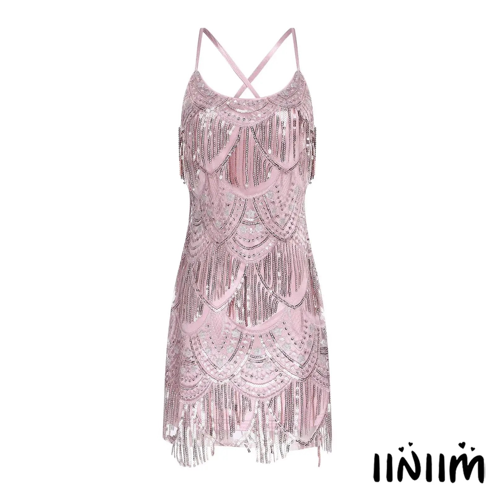 

Womens Glittery Mini Dress Exquisite Embroidery Tiered Tassel Backless with Crossing Straps Bodycon Dresses Elegant Female Dress