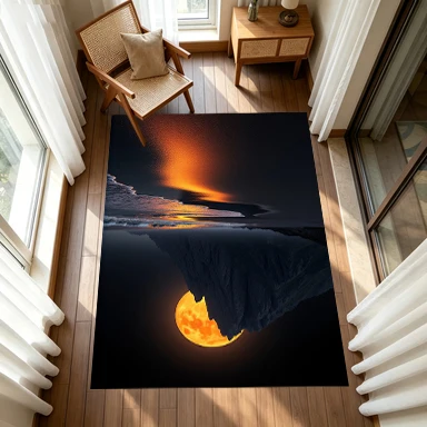 Full Moon Rocky Cliff Night Landscape Carpet Flooring, Dark Mountain Scenery Non-Slip Floor Rug for Living Room Bedroom Home Decoration